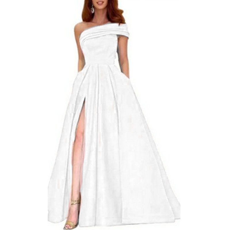 Elegant Off Shoulder Satin Eve - Elegant Satin Evening Gown Split ulasan dan harga