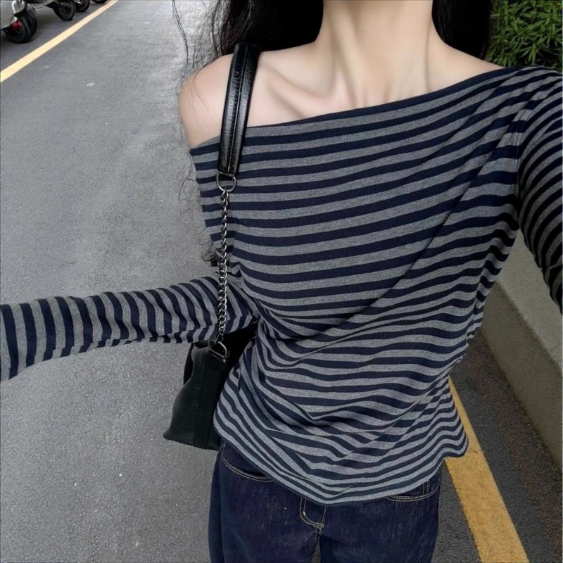 Women Vintage Striped Off Shou - Blouses ulasan dan harga