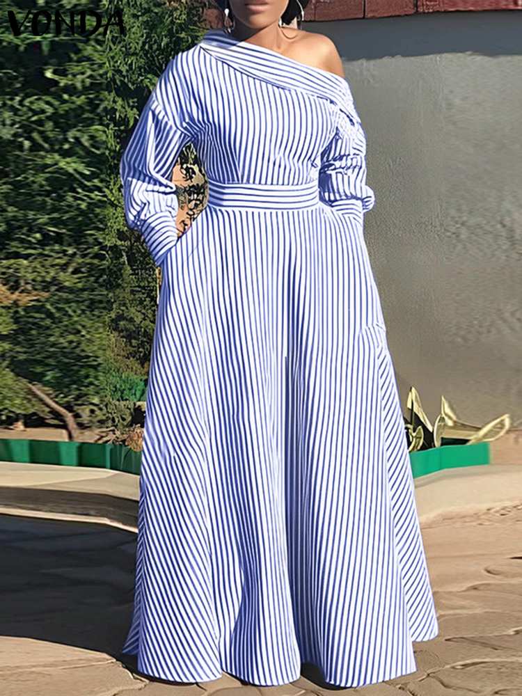 VONDA 2024 Women Elegant Strip - Off Shoulder Puff Sleeve Sundress ulasan dan harga