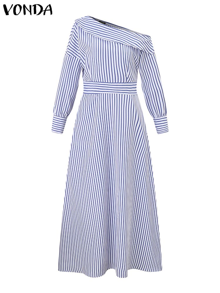 VONDA 2024 Women Elegant Strip - Off Shoulder Puff Sleeve Sundress ulasan dan harga