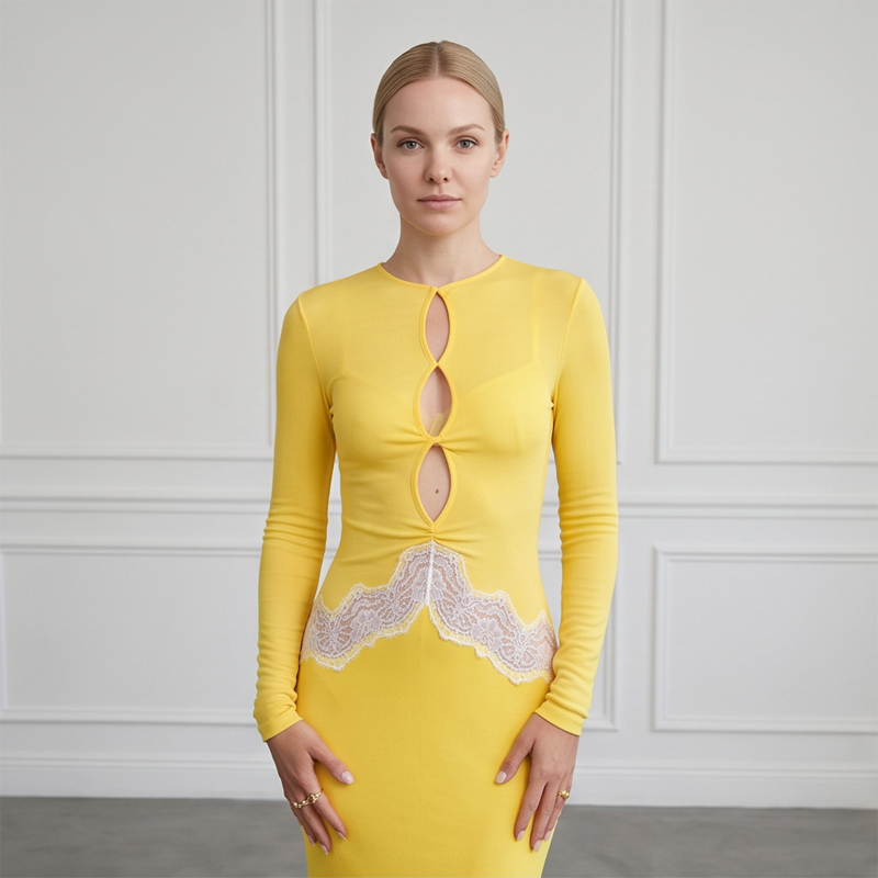 Women Yellow Lace Cutout Long  - Bodycon Long Sleeve Ribbed Dress ulasan dan harga