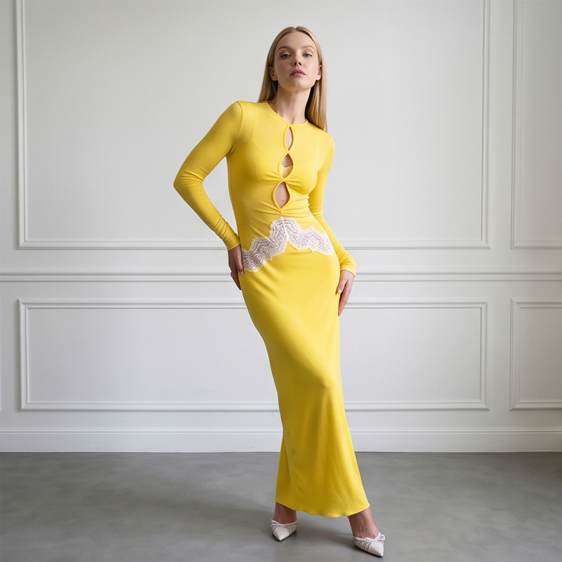 Women Yellow Lace Cutout Long  - Bodycon Long Sleeve Ribbed Dress ulasan dan harga