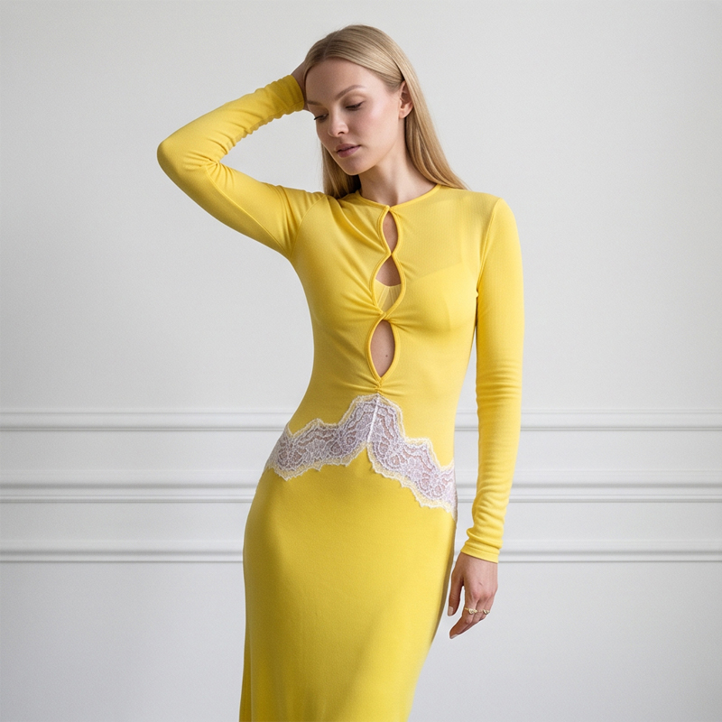Women Yellow Lace Cutout Long  - Bodycon Long Sleeve Ribbed Dress ulasan dan harga