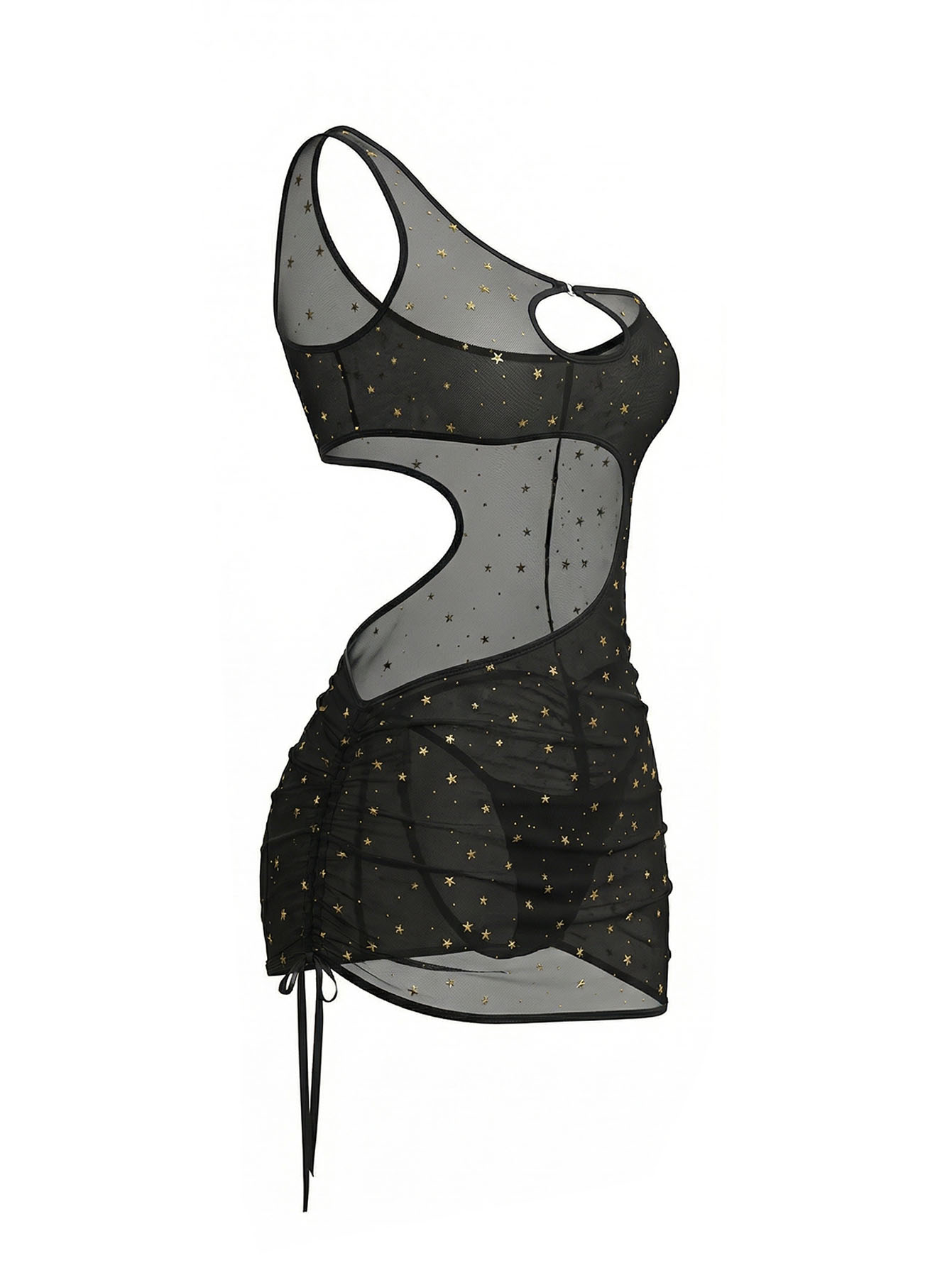 Black One‑Shoulder Star Print  - Sexy Mesh Sheer Bodycon Dress ulasan dan harga