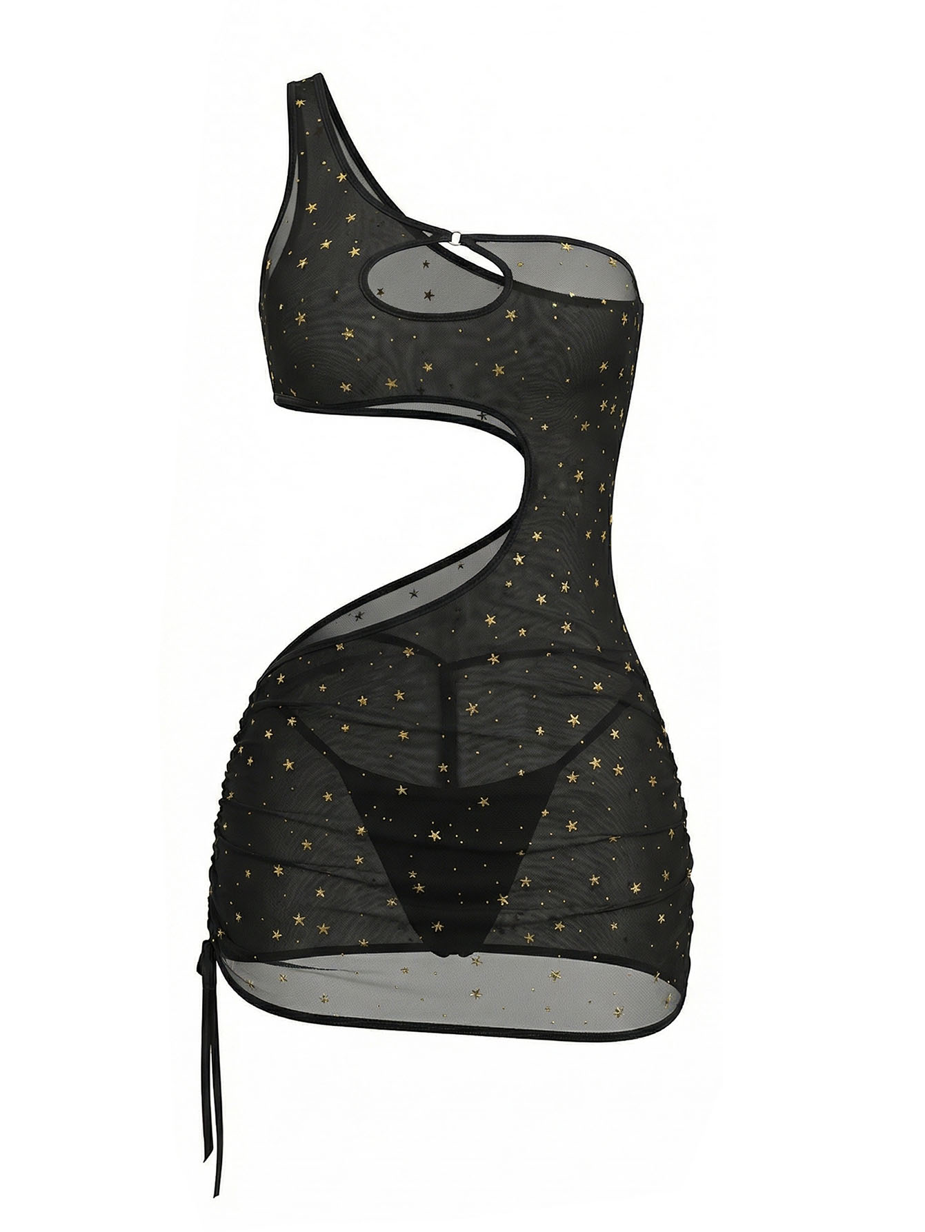 Black One‑Shoulder Star Print  - Sexy Mesh Sheer Bodycon Dress ulasan dan harga