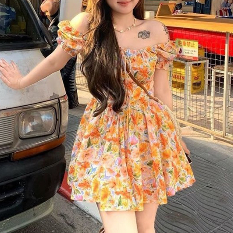 Womens Orange Floral Print Off - Off Shoulder Puff Sleeve Sundress ulasan dan harga