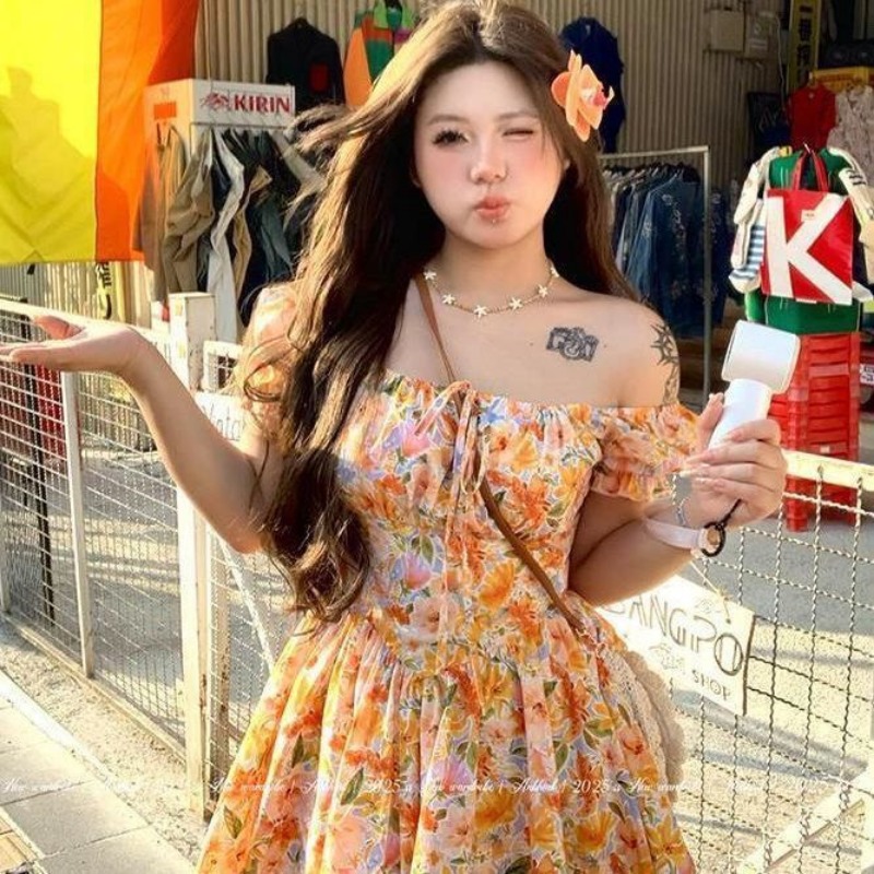 Womens Orange Floral Print Off - Off Shoulder Puff Sleeve Sundress ulasan dan harga