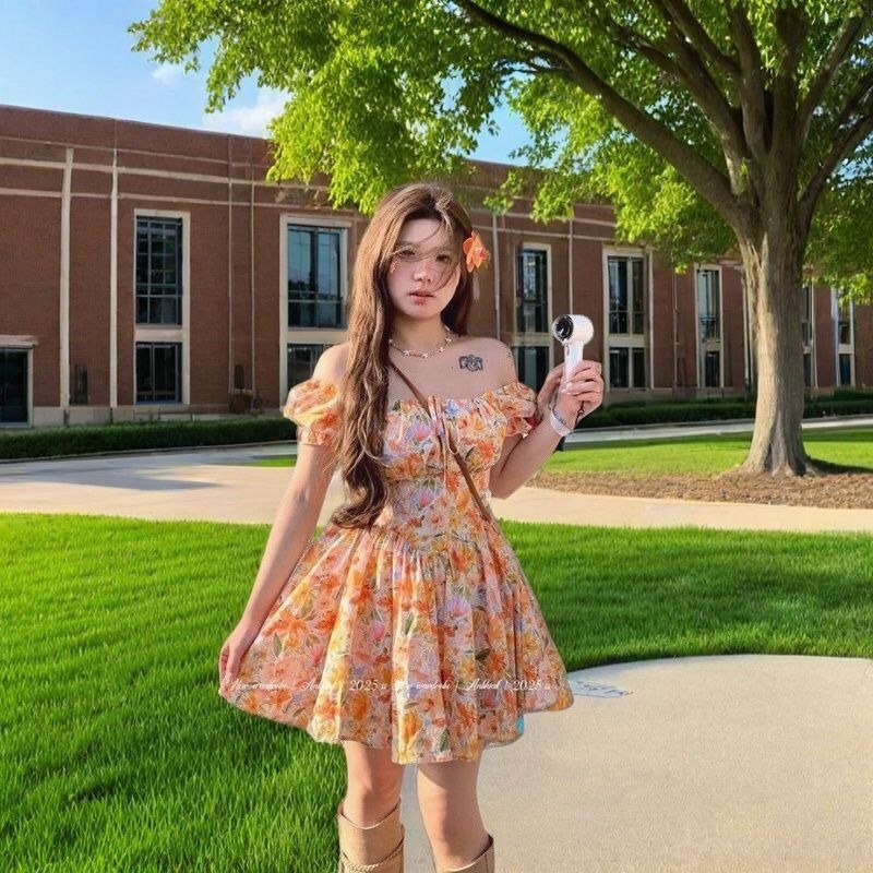Womens Orange Floral Print Off - Off Shoulder Puff Sleeve Sundress ulasan dan harga