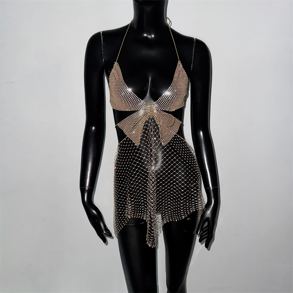 Sexy Gold Rhinestone Mesh Dres - Sparkly Rhinestone Club Party Dress ulasan dan harga
