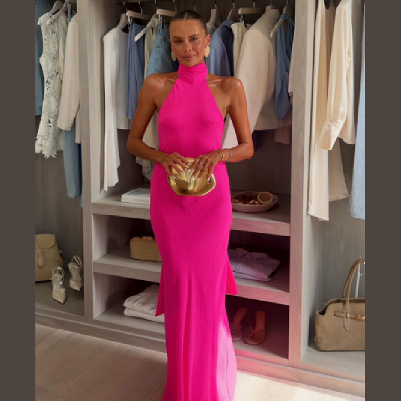 Women Halter Satin Maxi Dress  - Elegant Satin Evening Gown Split ulasan dan harga