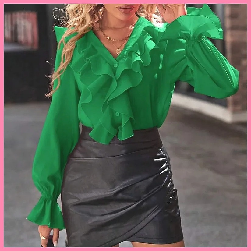 2025 Fashion V-Neck Ruffle Fla - Blouses ulasan dan harga
