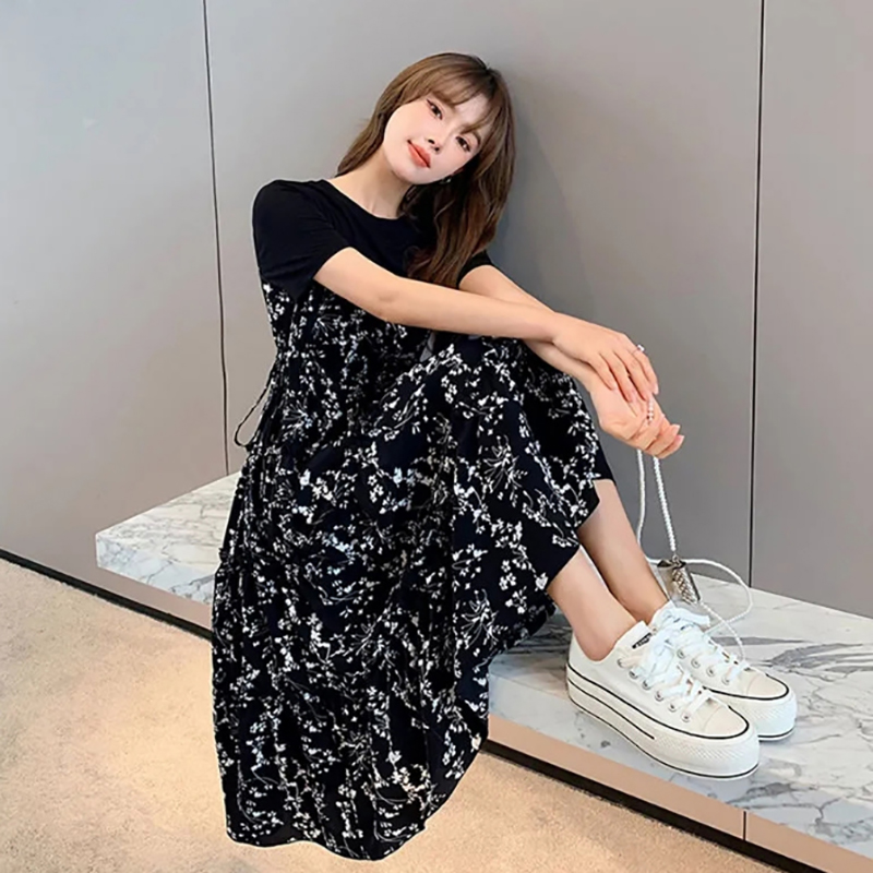 Women's T-shirt Fake two Pcs K - Korean Style A Line Shirt Dress ulasan dan harga