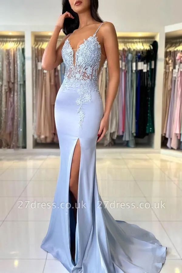 Elegant Mermaid Light Blue Pro - Elegant Satin Evening Gown Split ulasan dan harga