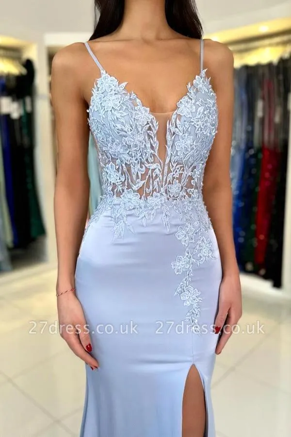 Elegant Mermaid Light Blue Pro - Elegant Satin Evening Gown Split ulasan dan harga