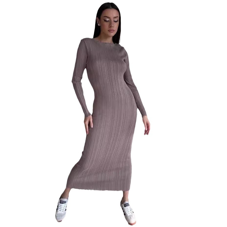 Women's Elegant Crew Neck Wais - Bodycon Long Sleeve Ribbed Dress ulasan dan harga