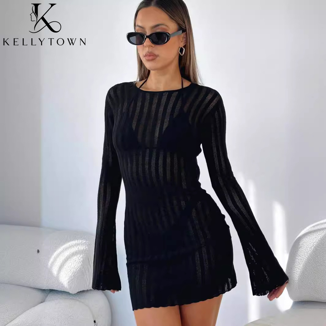 Backless Dress Sexy Rib Knit M - Bodycon Long Sleeve Ribbed Dress ulasan dan harga