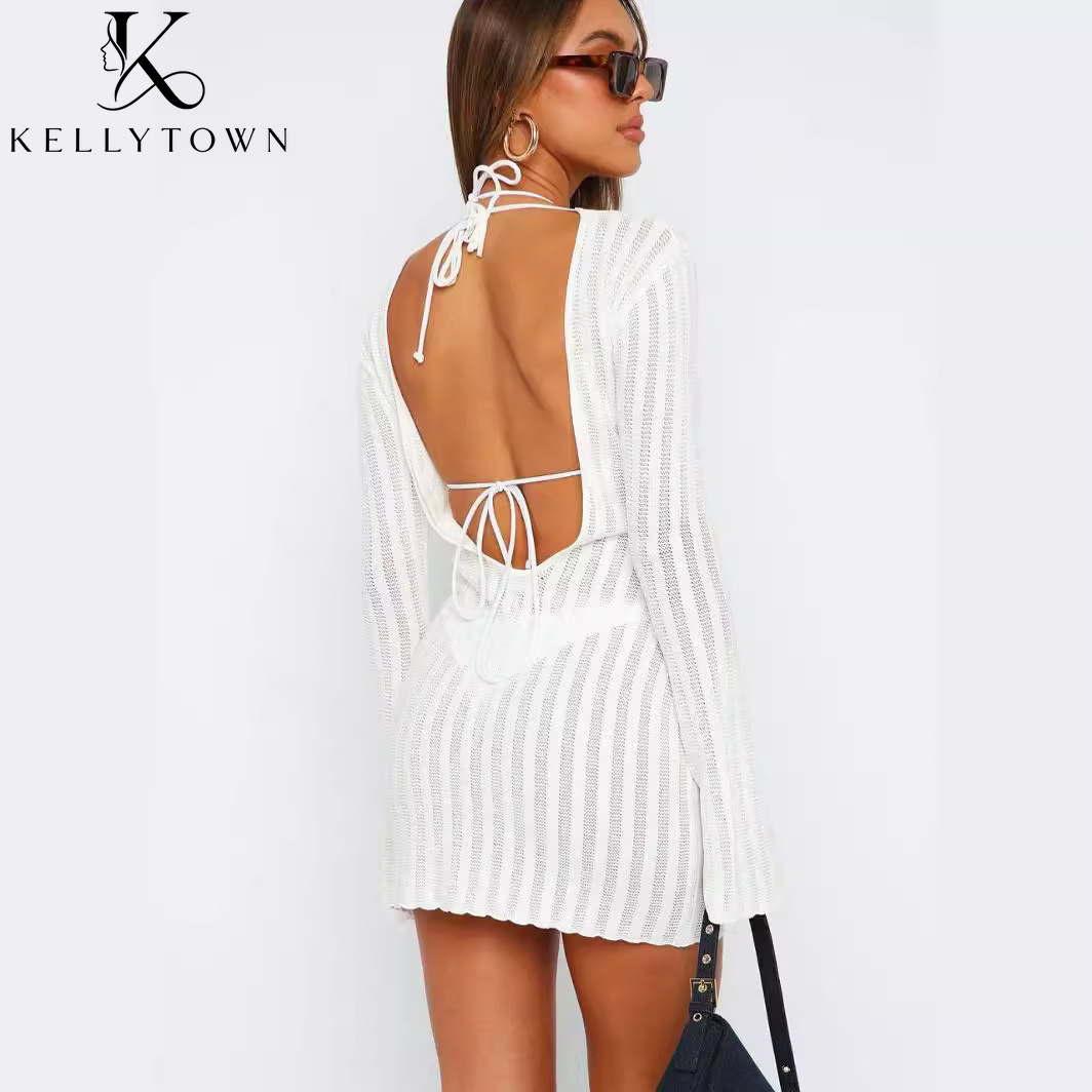 Backless Dress Sexy Rib Knit M - Bodycon Long Sleeve Ribbed Dress ulasan dan harga