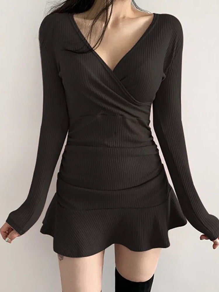 AOSSVIAO Black Knitted Ribbed  - Bodycon Long Sleeve Ribbed Dress ulasan dan harga