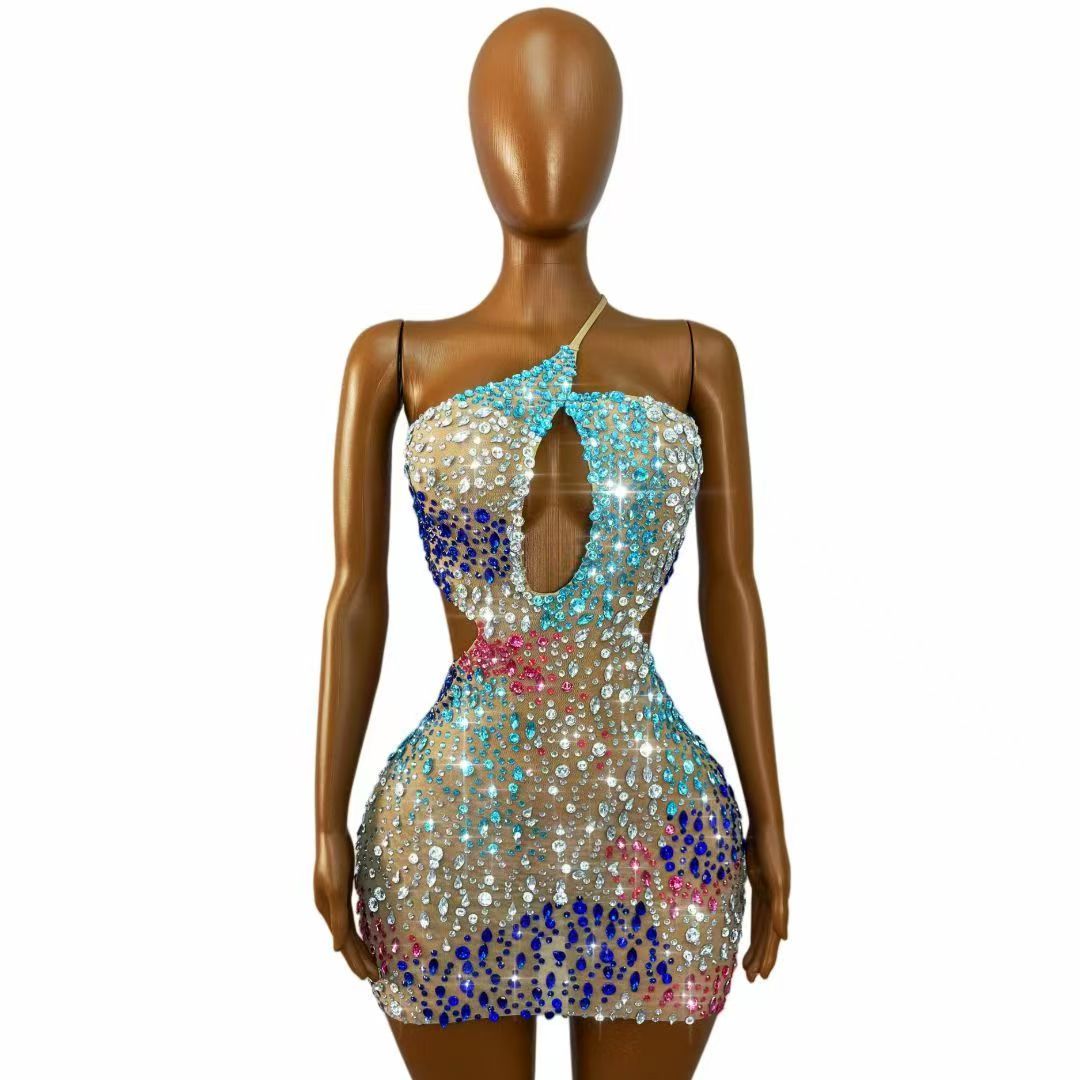 Sparkly Colorful Rhinestones W - Sexy Mesh Sheer Bodycon Dress ulasan dan harga