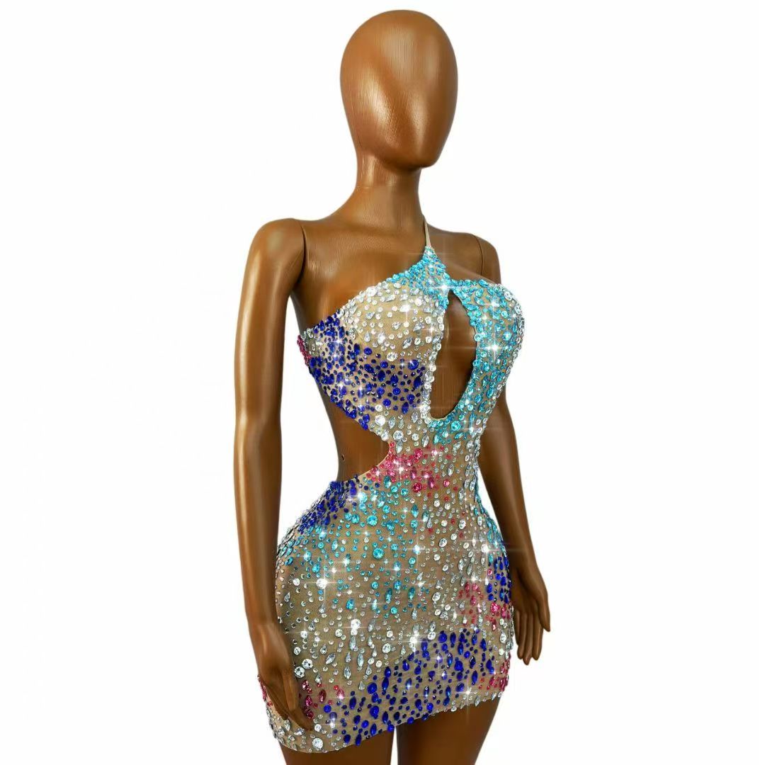 Sparkly Colorful Rhinestones W - Sexy Mesh Sheer Bodycon Dress ulasan dan harga