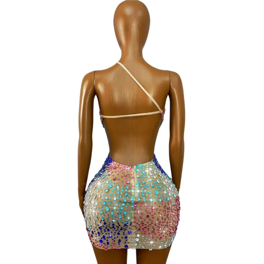 Sparkly Colorful Rhinestones W - Sexy Mesh Sheer Bodycon Dress ulasan dan harga