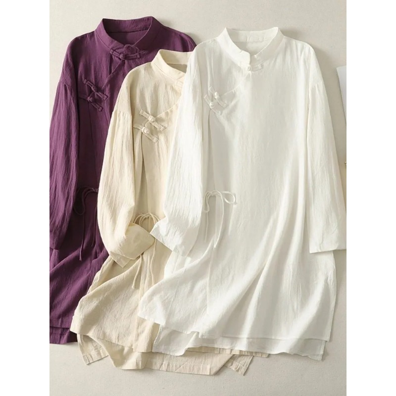 Women's Chinese Style Frog But - Casual Loose Linen Shirt Dress ulasan dan harga