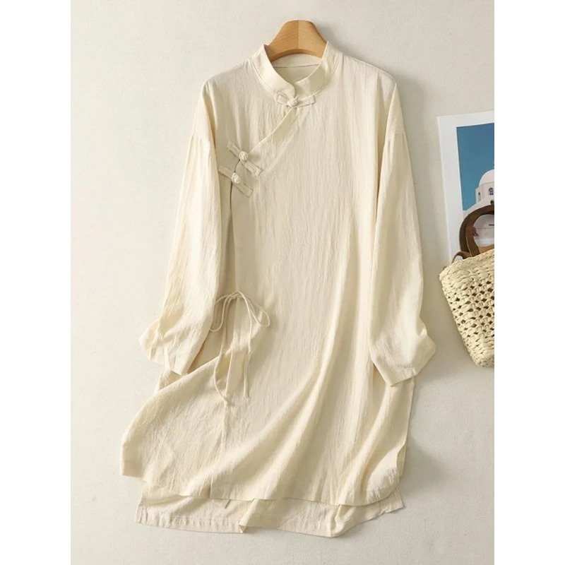 Women's Chinese Style Frog But - Casual Loose Linen Shirt Dress ulasan dan harga