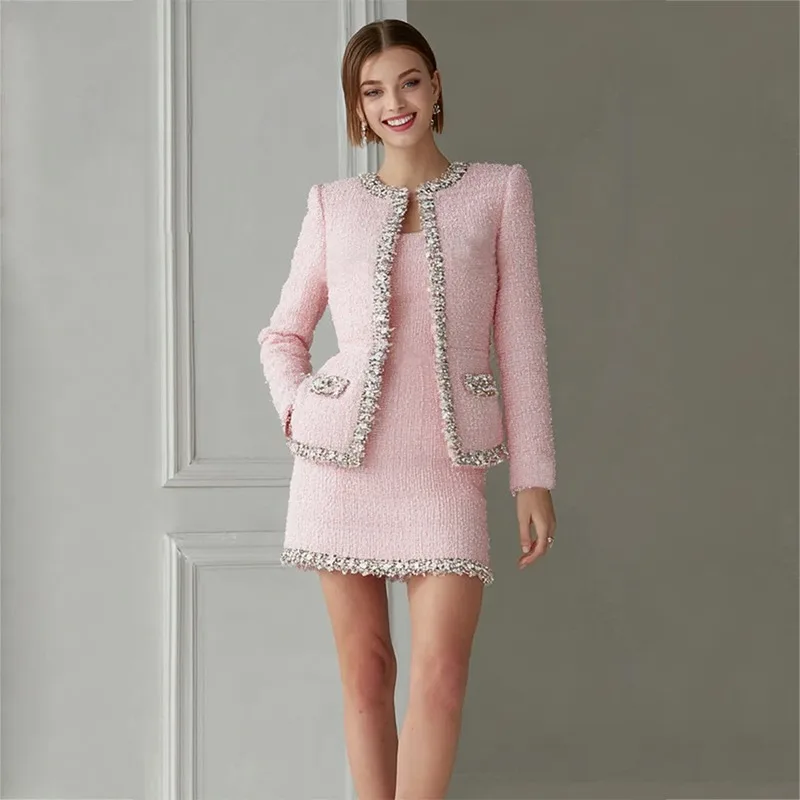 Premium Pink Tweed Women Two-P - Tweed Two Piece Blazer Dress ulasan dan harga
