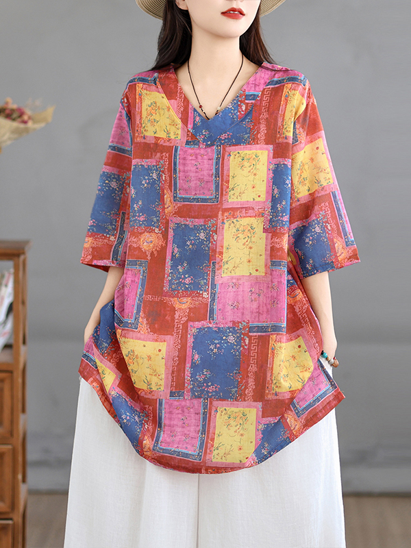 Casual Linen Print Top Vintage - Casual Loose Linen Shirt Dress ulasan dan harga