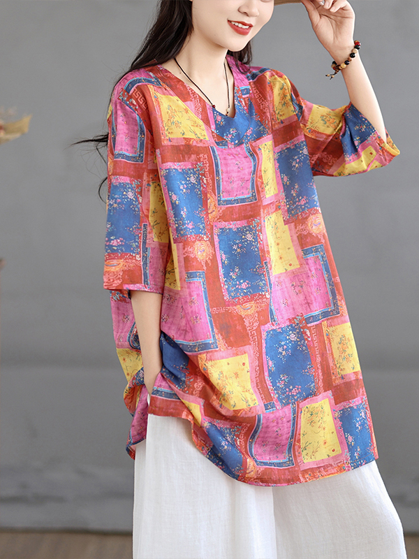 Casual Linen Print Top Vintage - Casual Loose Linen Shirt Dress ulasan dan harga