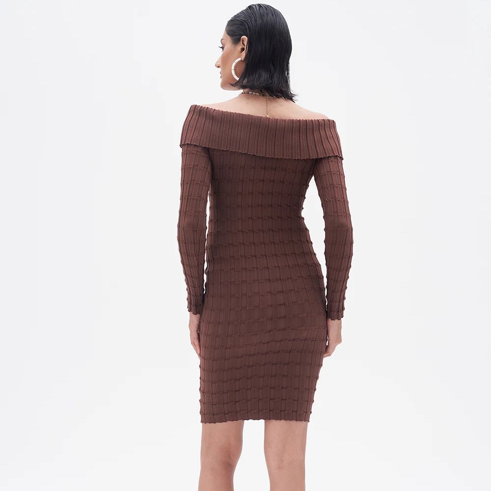 2025 Sexy Ruched Slash Shoulde - Bodycon Long Sleeve Ribbed Dress ulasan dan harga