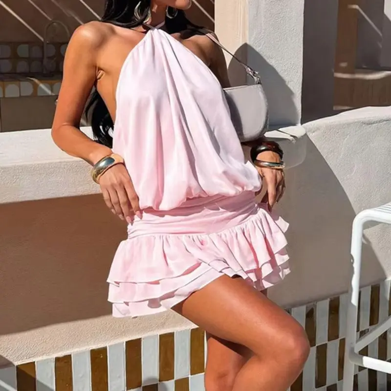 Bandage Solid Elegant Halter B - Y2K Backless Halter Mini Dress ulasan dan harga