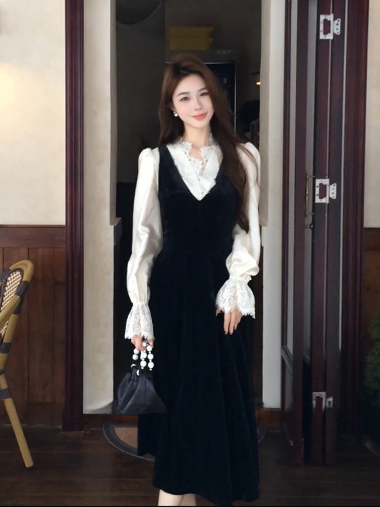 XZY Chic Lace Patchwork Silk S - Korean Style A Line Shirt Dress ulasan dan harga