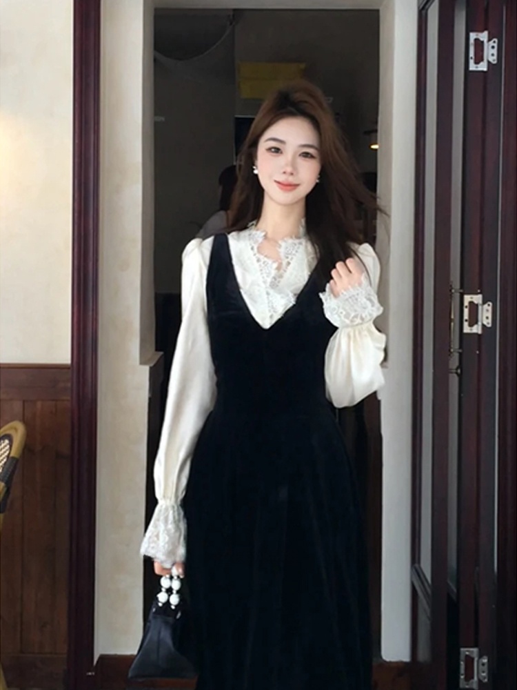 XZY Chic Lace Patchwork Silk S - Korean Style A Line Shirt Dress ulasan dan harga