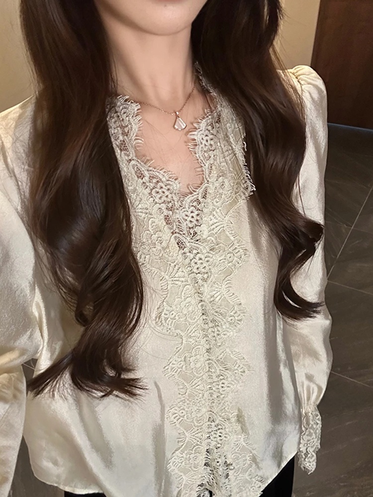 XZY Chic Lace Patchwork Silk S - Korean Style A Line Shirt Dress ulasan dan harga