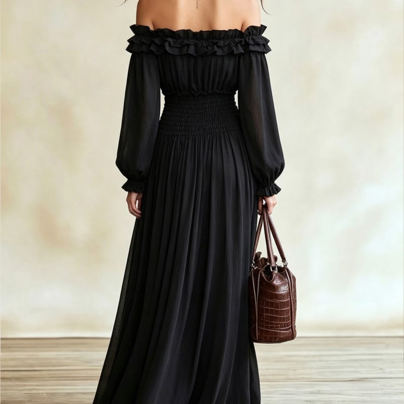 Women Off‑Shoulder Ruffle Maxi - Off Shoulder Puff Sleeve Sundress ulasan dan harga