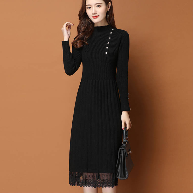 Lace Hem Buttons Women Autumn  - Bodycon Long Sleeve Ribbed Dress ulasan dan harga
