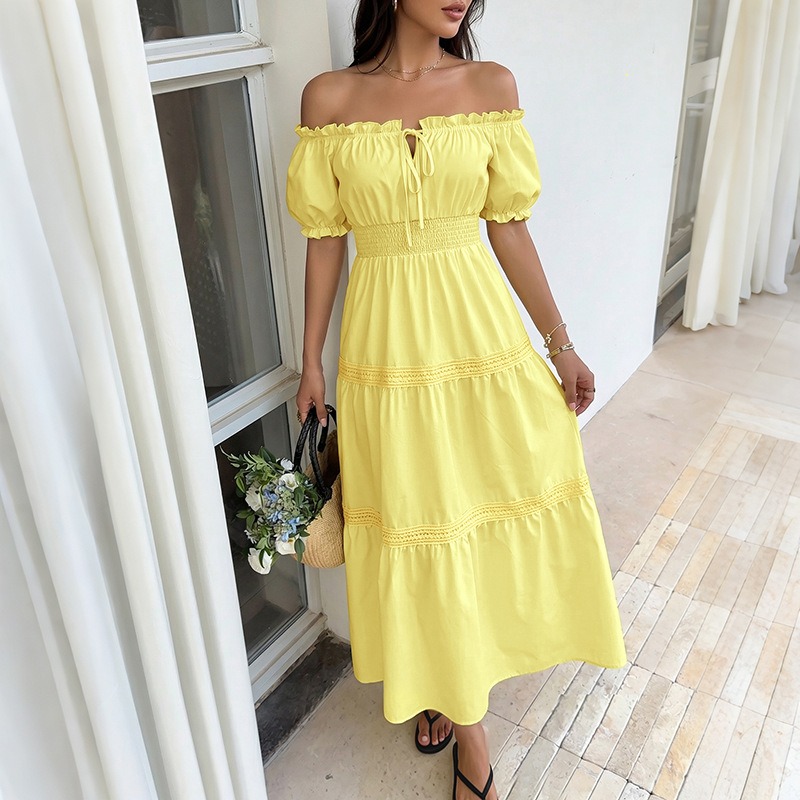 Summer Bohemian Women Yellow O - Off Shoulder Puff Sleeve Sundress ulasan dan harga