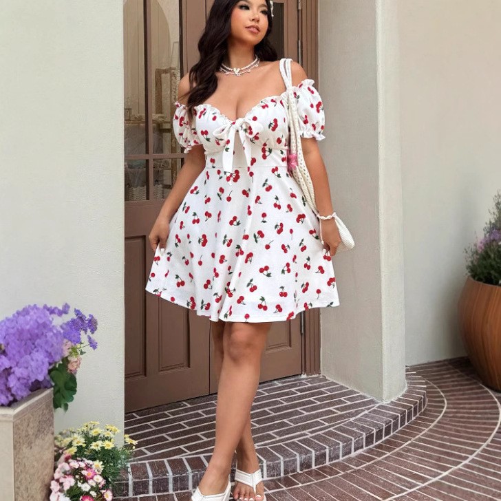 Summer Woman Dress Floral Prin - Off Shoulder Puff Sleeve Sundress ulasan dan harga