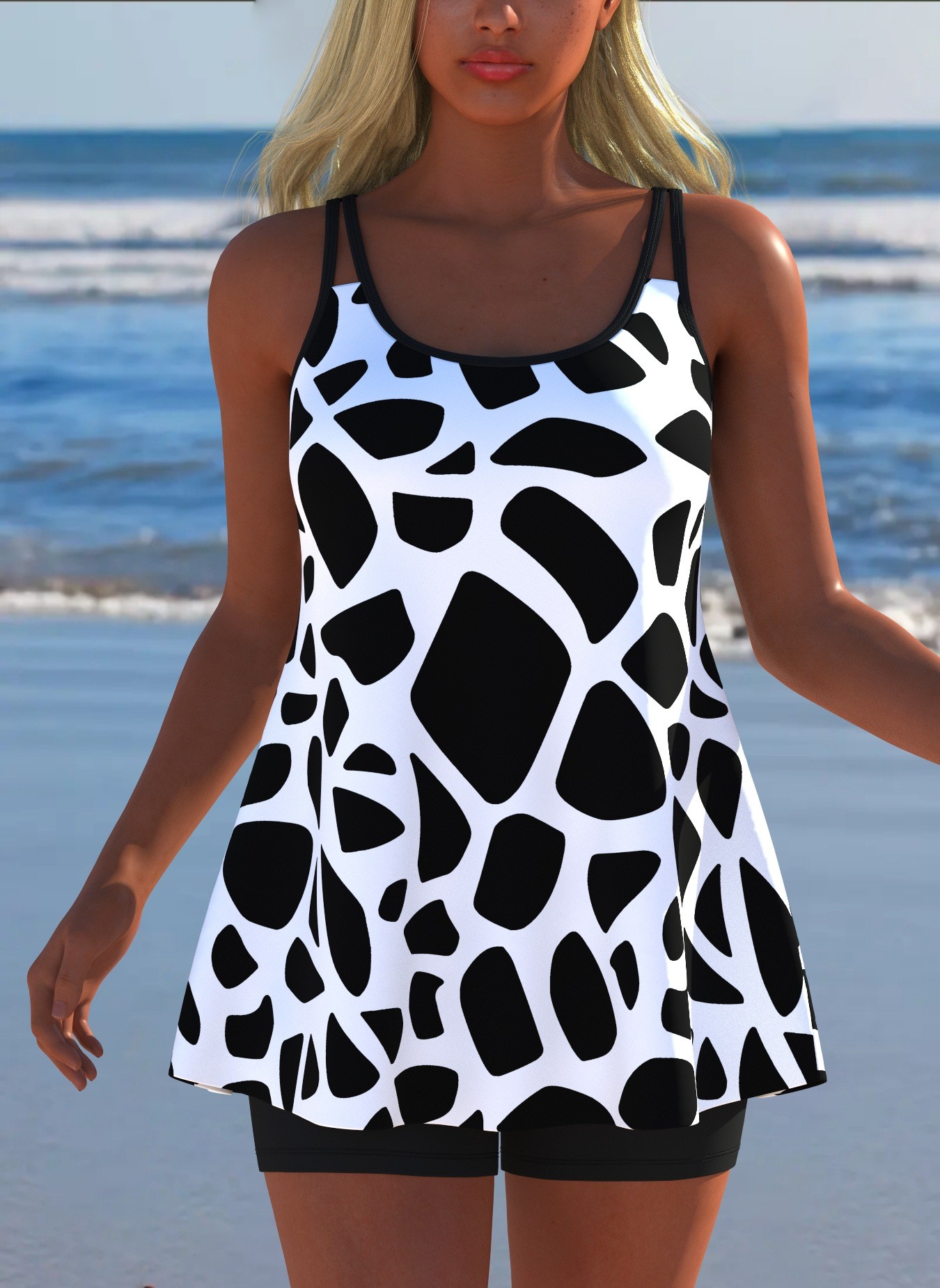 Black White Print Tankini Slee - Tops ulasan dan harga
