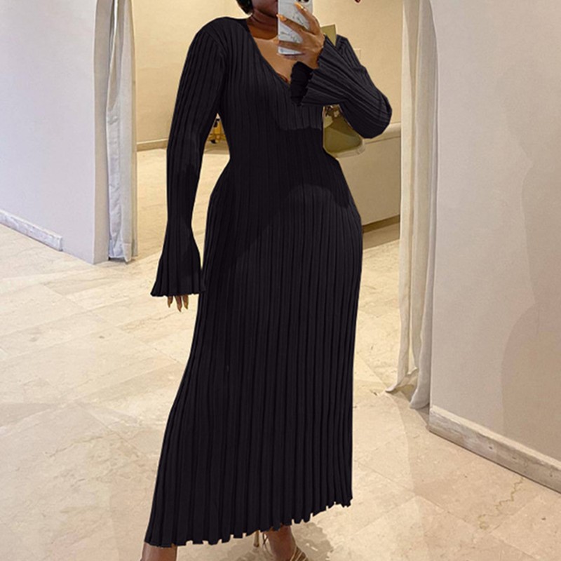 Woman's Autumn V-Neck Knit Ski - Bodycon Long Sleeve Ribbed Dress ulasan dan harga