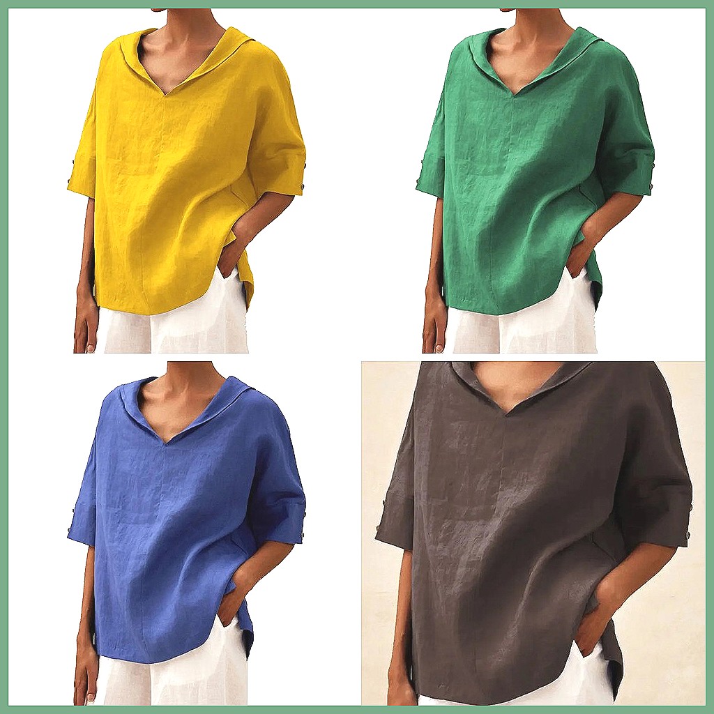 Women's Loose V-Neck Cotton Li - Blouses ulasan dan harga