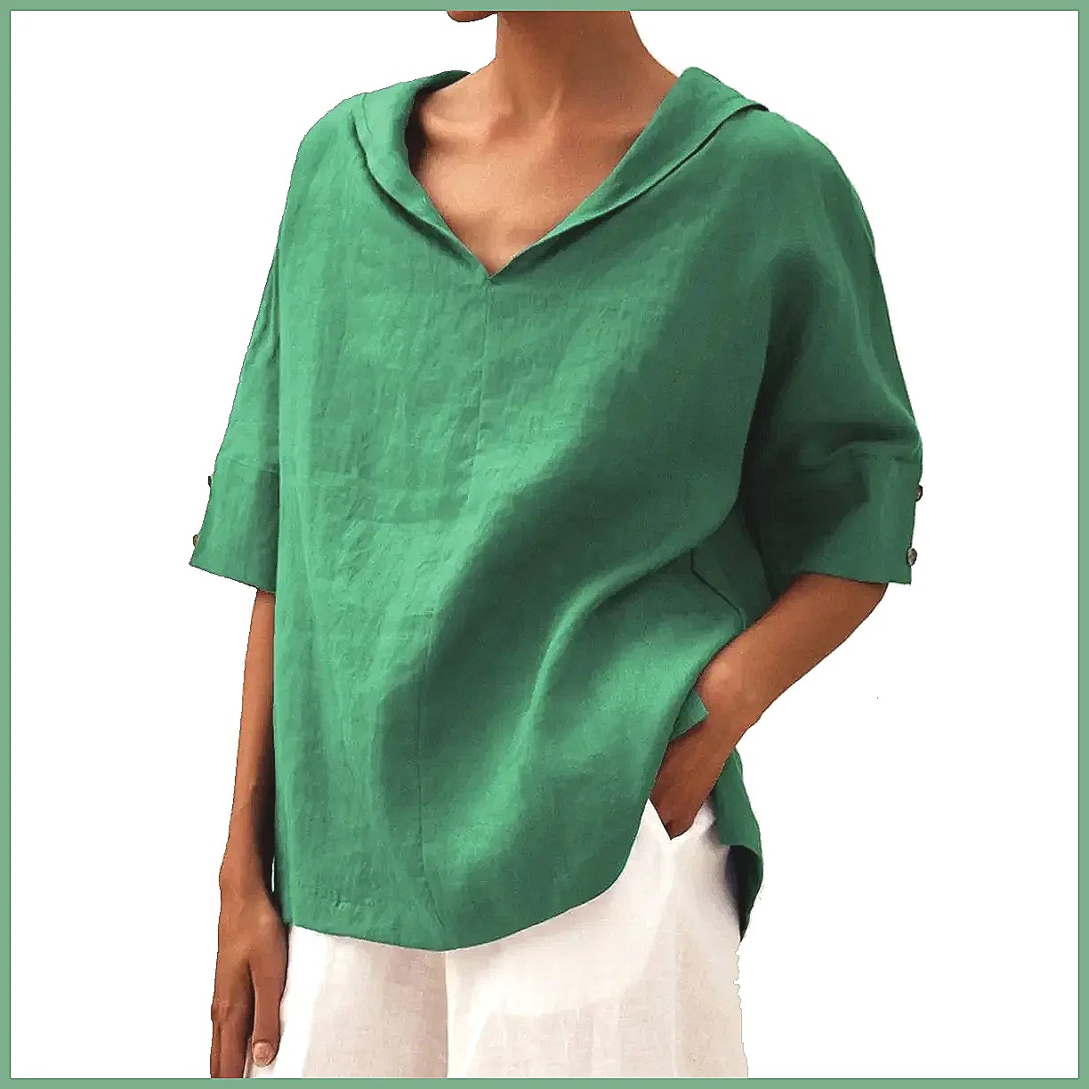 Women's Loose V-Neck Cotton Li - Blouses ulasan dan harga