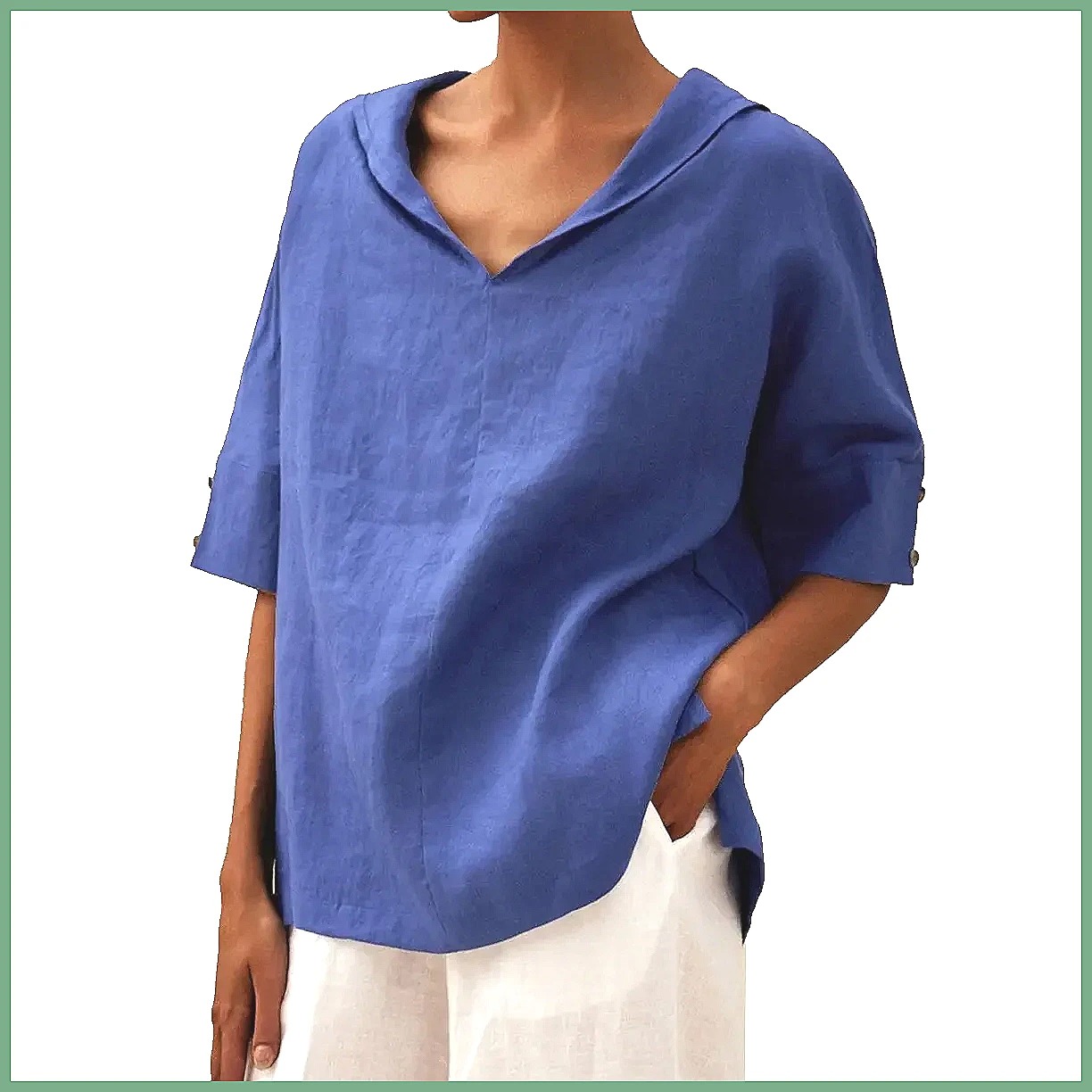 Women's Loose V-Neck Cotton Li - Blouses ulasan dan harga