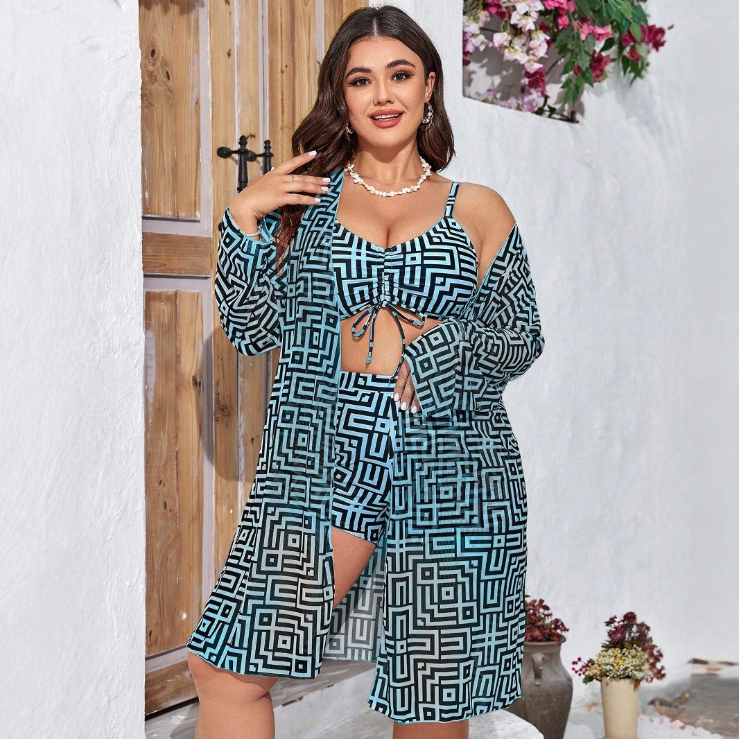 Plus Size 3‑Piece Geometric Pr - Tops ulasan dan harga