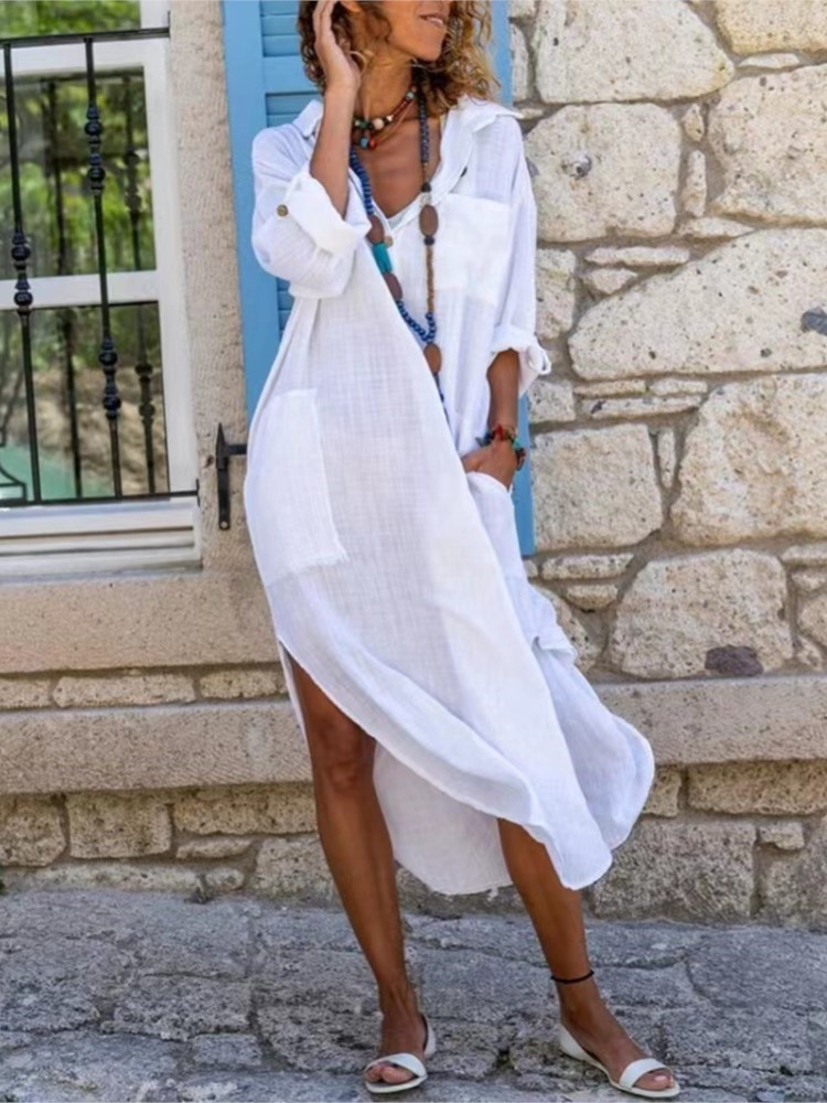 White Women's Shirt Dress Soli - Casual Loose Linen Shirt Dress ulasan dan harga