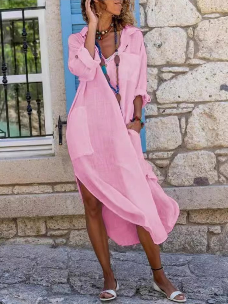 White Women's Shirt Dress Soli - Casual Loose Linen Shirt Dress ulasan dan harga