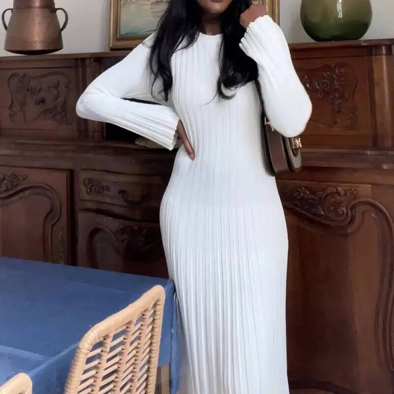 Women Elegant Ribbed Knit Full - Bodycon Long Sleeve Ribbed Dress ulasan dan harga