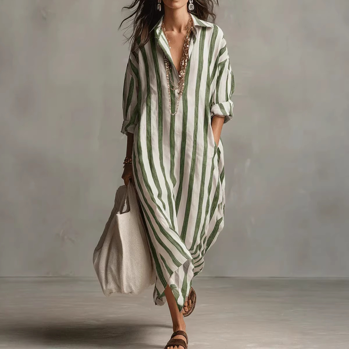 Summer Elegant Turn Down Colla - Casual Loose Linen Shirt Dress ulasan dan harga