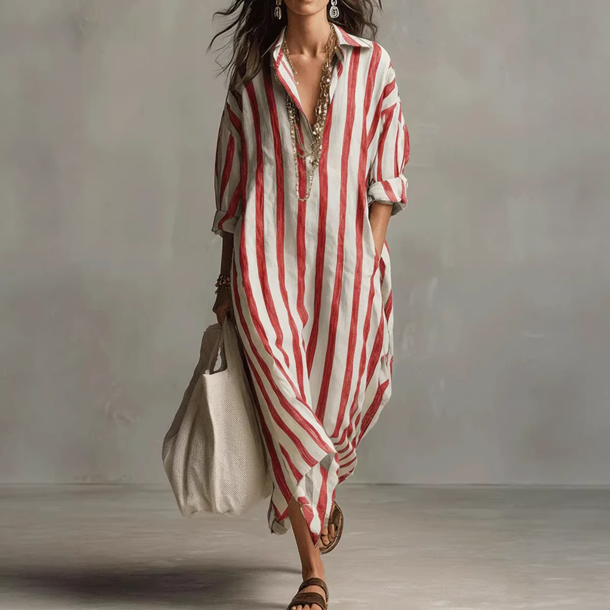 Summer Elegant Turn Down Colla - Casual Loose Linen Shirt Dress ulasan dan harga